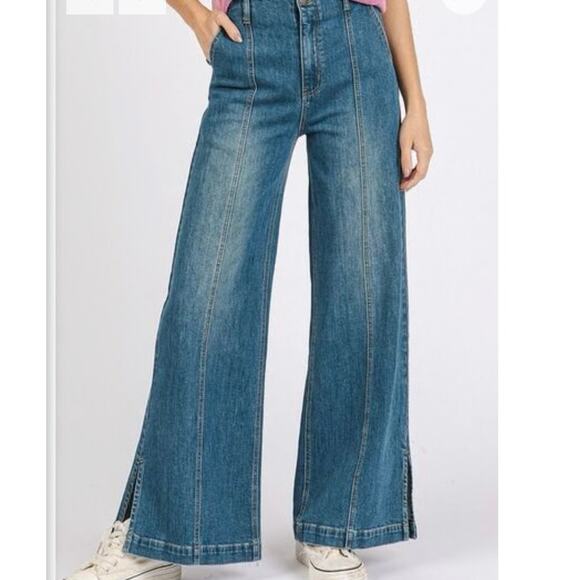 MITTOSHOP MEDIUM WASH SEAM DETAIL WIDE LEG DENIM JEANS - Picture 2 of 8